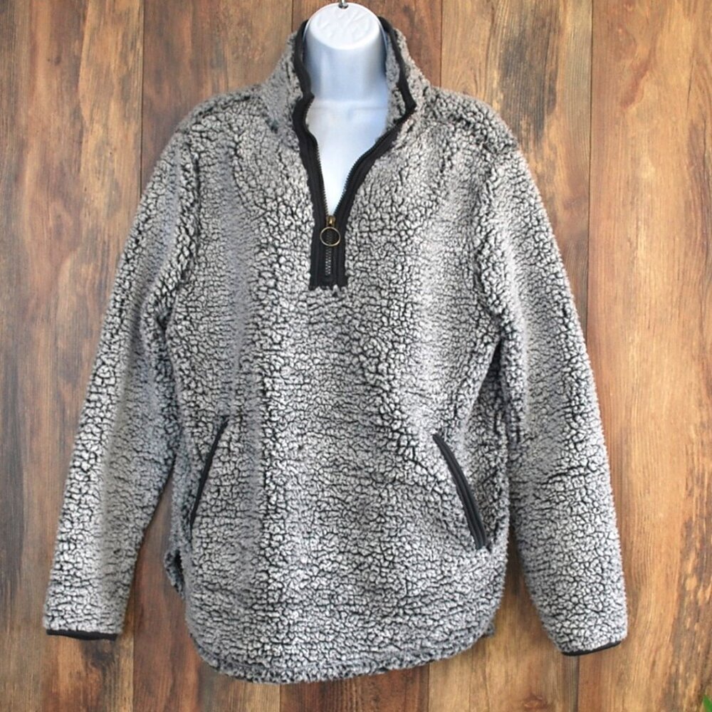 Cozy Sherpa Women's Gray Black 1/4 Zip Pullover Sherpa Jacket